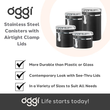 Oggi Stainless Steel Kitchen Canister 47 fl oz, Black - Airtight Clamp Lid, Clear See-Thru Top - Ideal for Kitchen Storage, Food Storage, Pantry Storage. Large Size 5